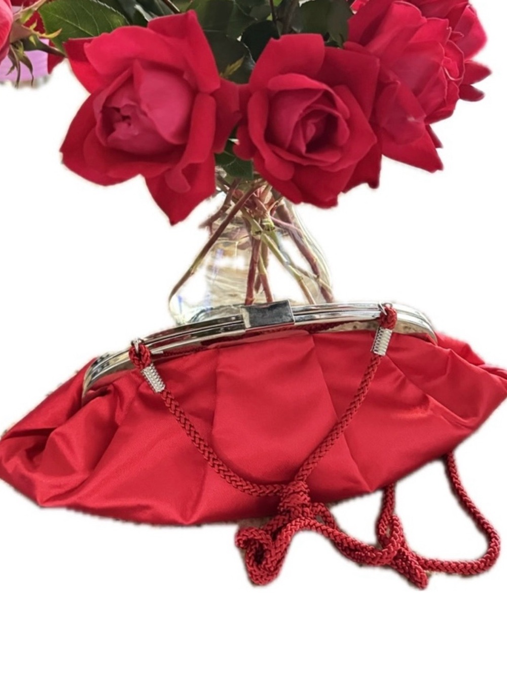Gorgeous Red Satin Evening Clutch Metal Framed Bag With Red Braided Rope Strap